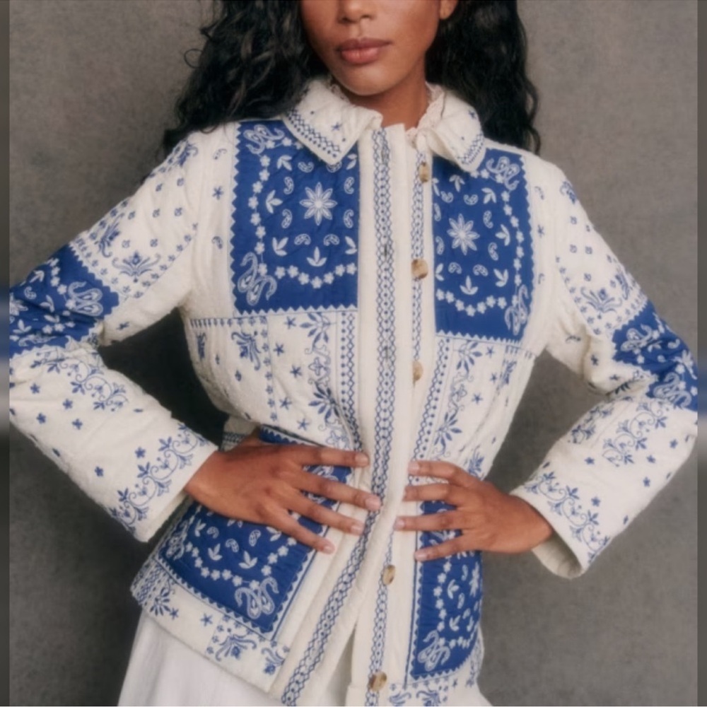 Sezane SMITH JACKET in BLUE ECRU BANDANA Embroidered Women's Jacket - Picture 2 of 13